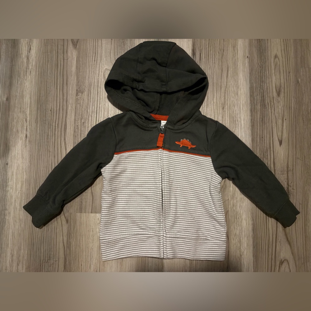 Carter's Baby Boy Gray and Orange Striped Dinosaur Hoodie- 6 Months